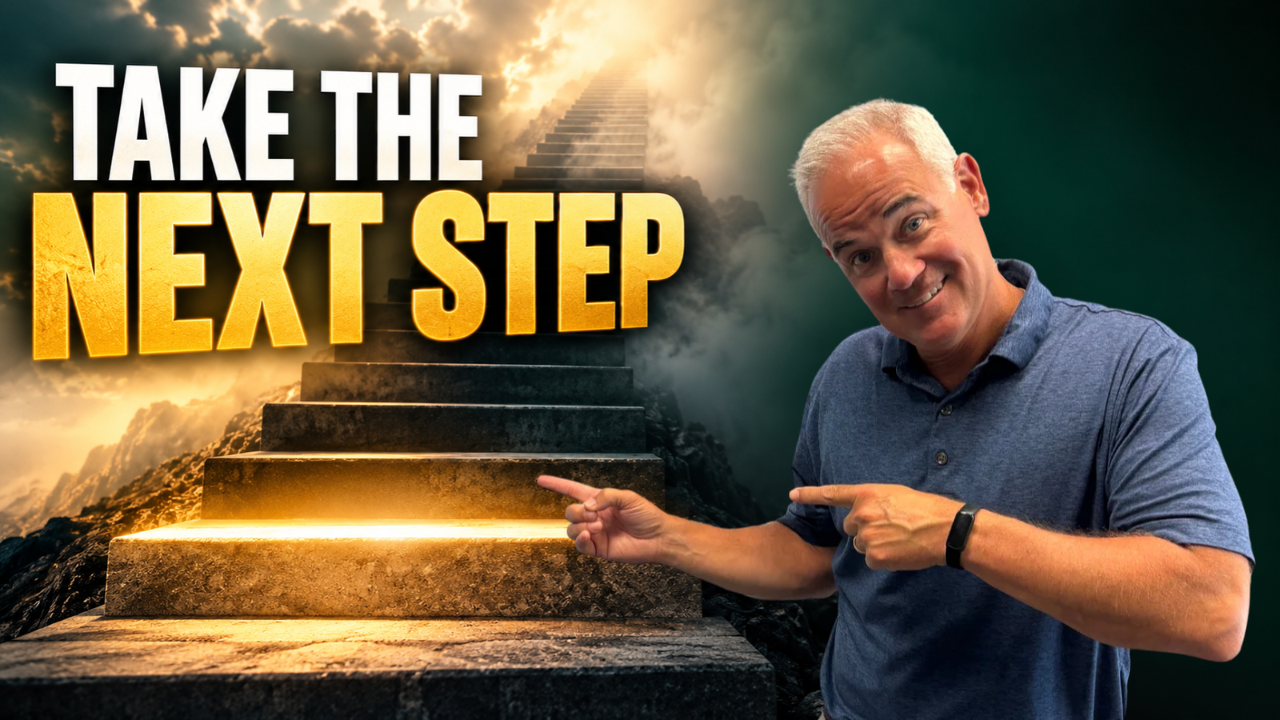 Kirby Hasseman pointing toward illuminated stairs beside the words “Take the Next Step.”